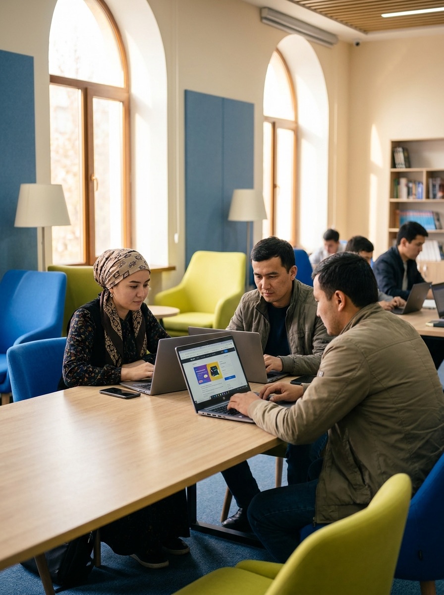 Взрослые на занятии в Mars IT School — ноутбуки, экран с проектом